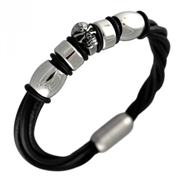 Skull and Steel Charm Braided Leather Cord Bracelet SBR-6760 - Picture 1 of 1